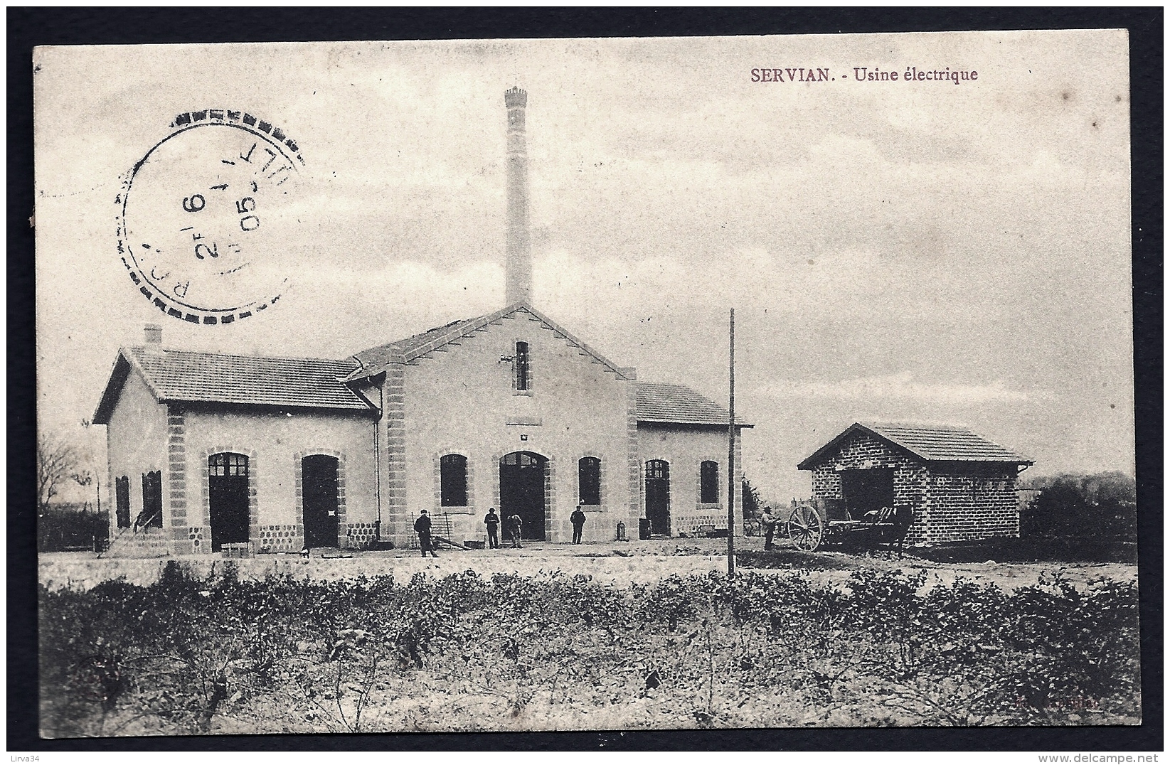 CPA ANCIENNE FRANCE- SERVIAN (34)- L'USINE ÉLECTRIQUE EN TRES GROS PLAN- ANIMATION- ATTELAGE- CHEMINÉE- VIGNES - Other & Unclassified