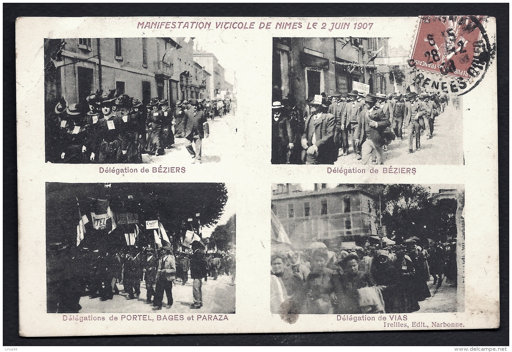 CPA ANCIENNE FRANCE- NÎMES (34)- MANIFASTATION VITICOLE DE 1907- DÉLÉGATIONS DE BÉZIERS- PORTEL- BAGES- PARAZA- VIAS - Nîmes