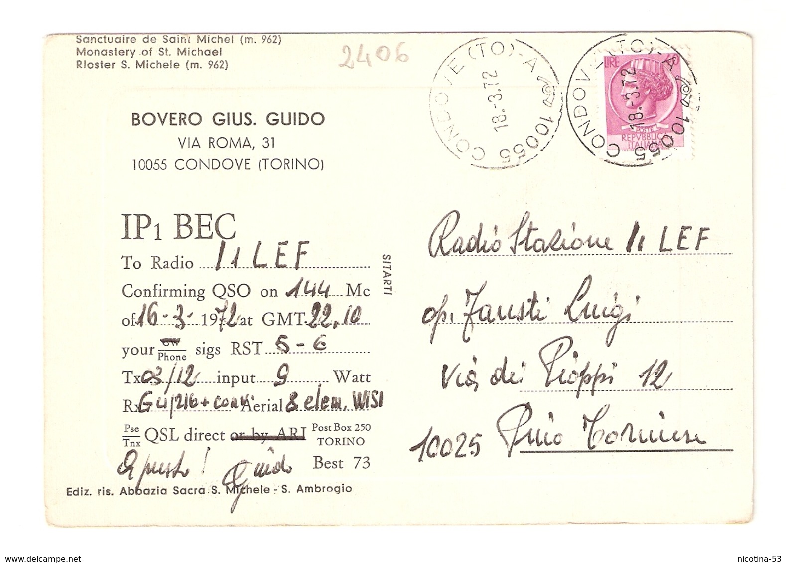 CT--02406-- SACRA DI S. MICHELE-DA CONDOVE A PINO TORINESE-CARTOLINA RADIOAMATORI- 1972 - Altri & Non Classificati