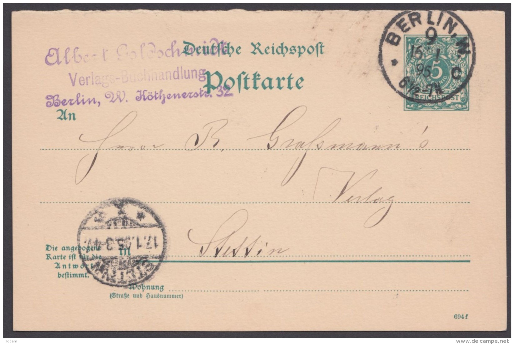 P 31 A F, Bedarf "Berlin W.9", 16.1.95, KBHW : 344 - Postcards