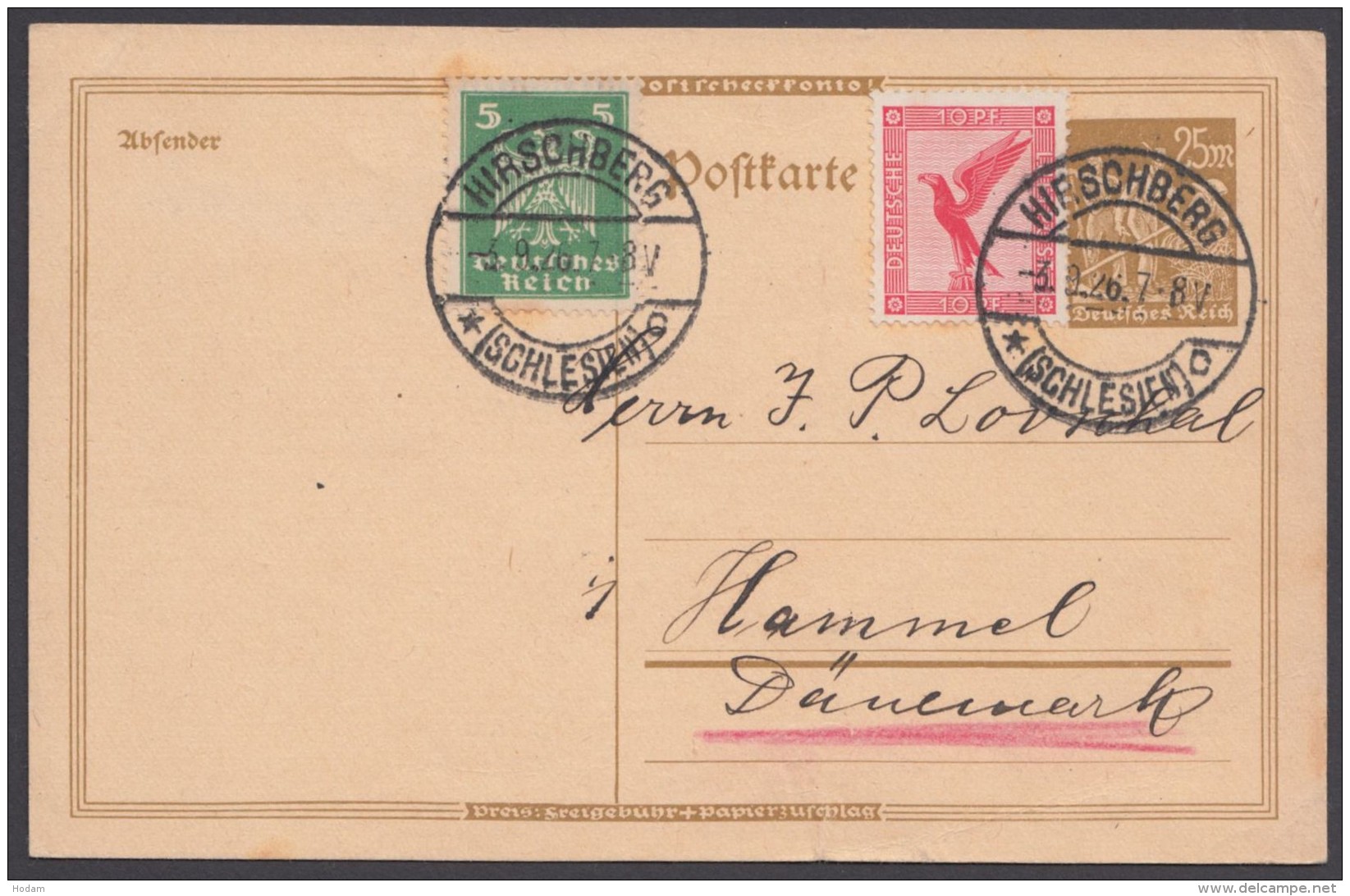 PI, Bedarf Nach Dänemark, Pass. Frankatur "Hirschberg/Schlesien", 3.9.26 - Tarjetas