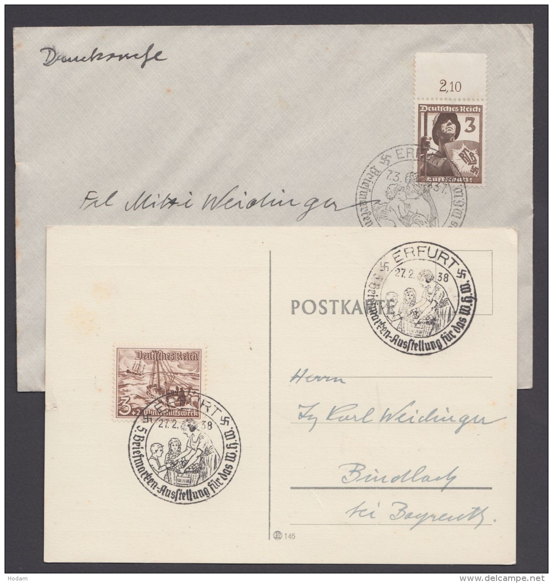 Propaganda-Stempel "Erfurt", WHW-Ausstellung, 1937/8, 2 Versch. Belege - Briefe U. Dokumente