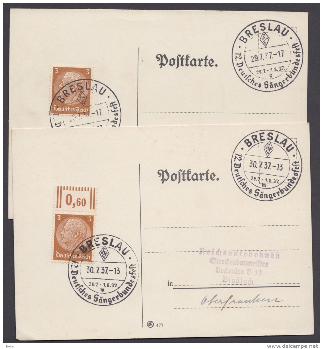 MiNr. 513, Propaganda-Stempel "Breslau", Sängerbundesfest, 2 Karten 29. Und 30.7.37 - Briefe U. Dokumente