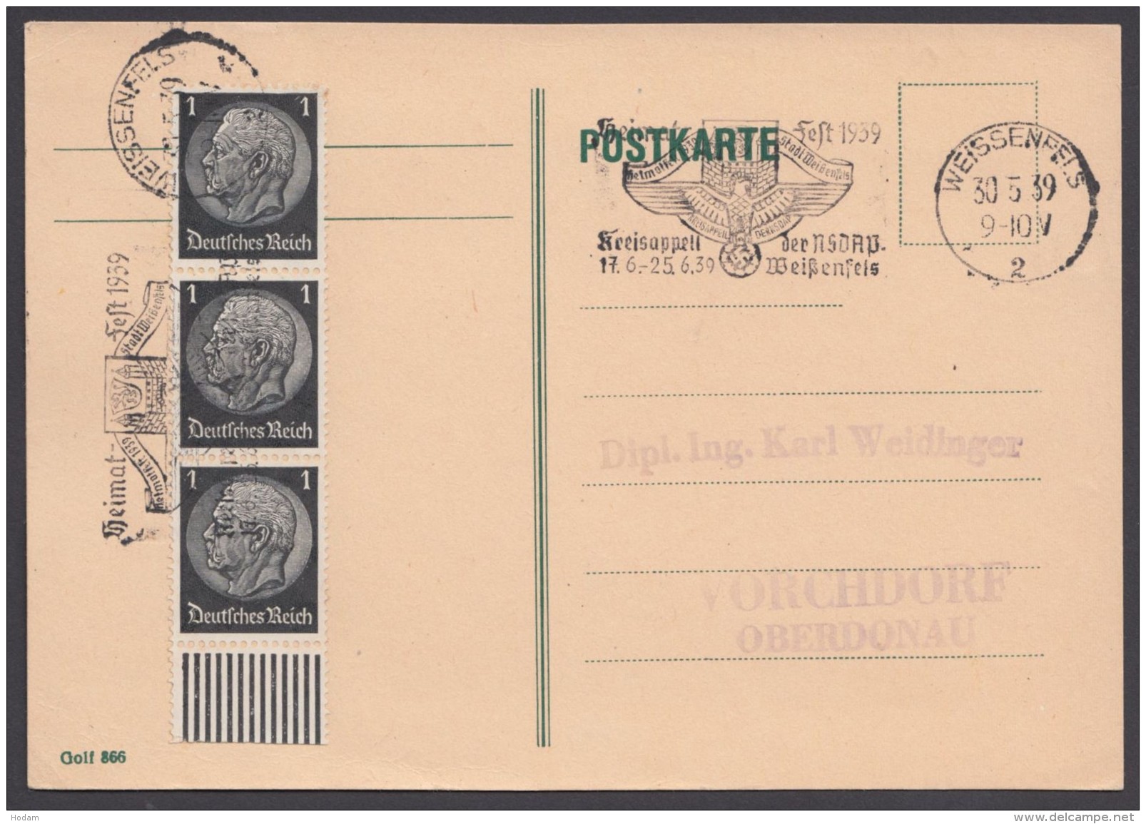 MiNr. 512, Propaganda-Stempel "Weissenfels", Kreisappell NSDAP, 30.5.39 - Briefe U. Dokumente