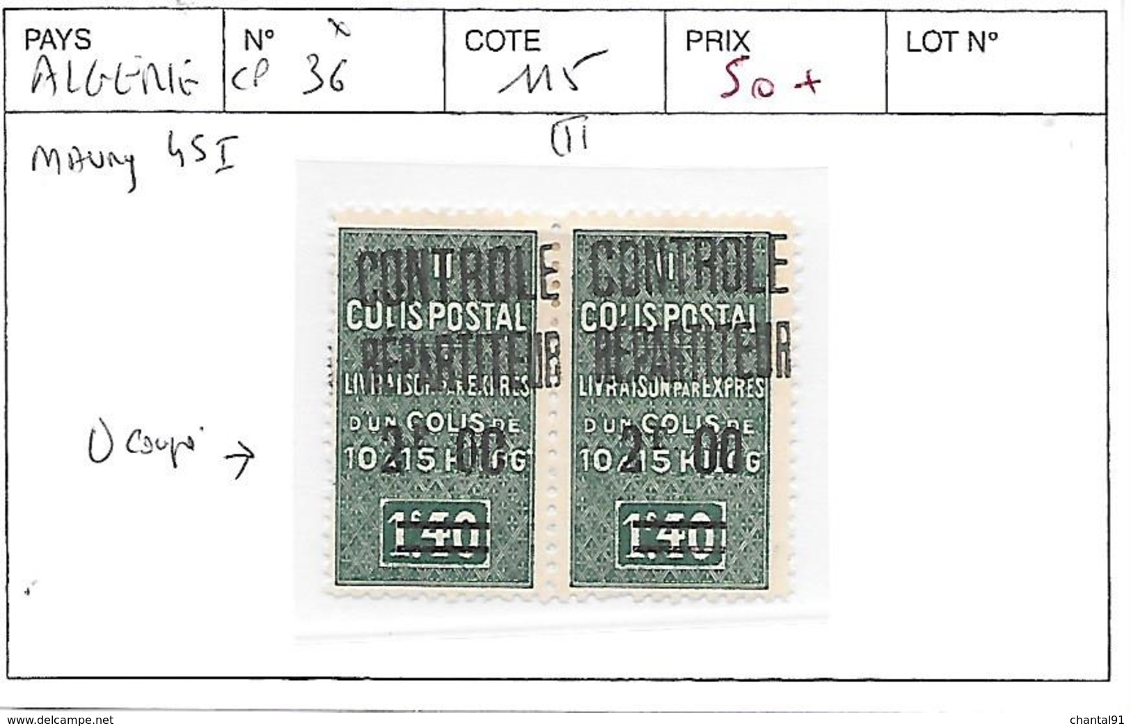 ALGERIE N° CP 36 * COTE : 115 € - Pacchi Postali