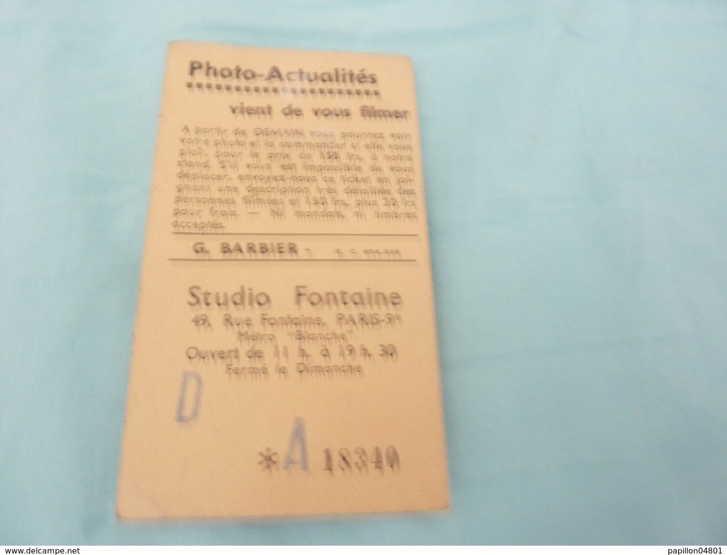 PUBLICITE PHOTO-ACTUALITE  STUDIO FONTAINE 49 RUE FONTAINE   ANNEE 50 - Andere & Zonder Classificatie