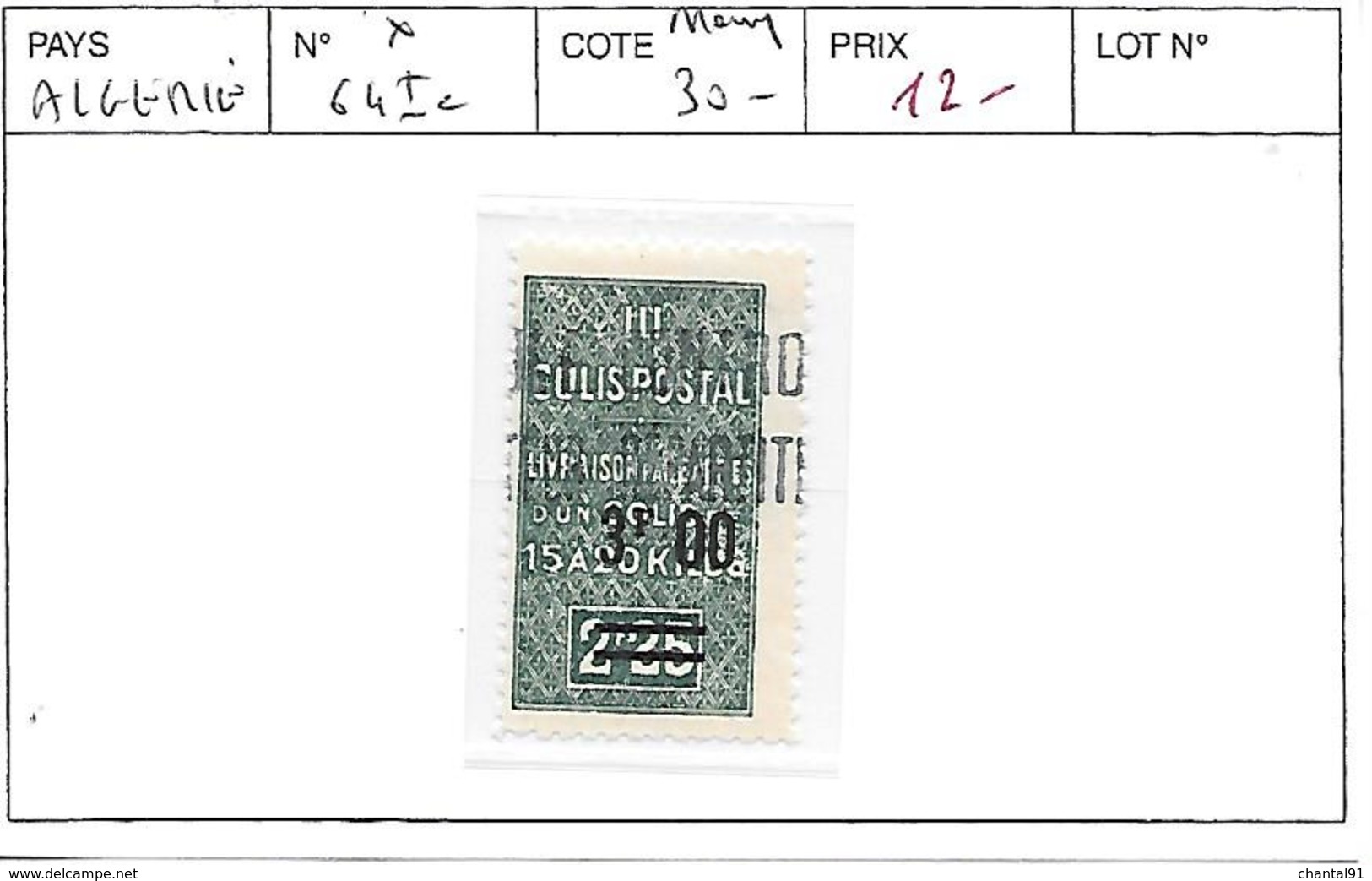 ALGERIE N° CP 64 Ic COTE : 30 € - Parcel Post