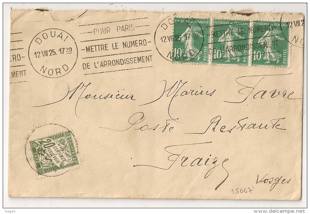 TAXE POSTE RESTANTE 20C, DOUAI Nord Pour FRAIZE Vosges.  Tarif 30c. - 1921-1960: Période Moderne