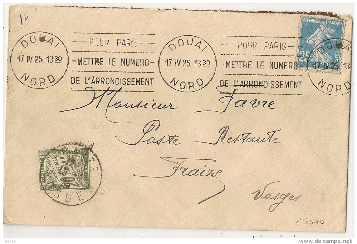 TAXE POSTE RESTANTE 20C, DOUAI Nord Pour FRAIZE Vosges.  Tarif 25 C. - 1921-1960: Période Moderne