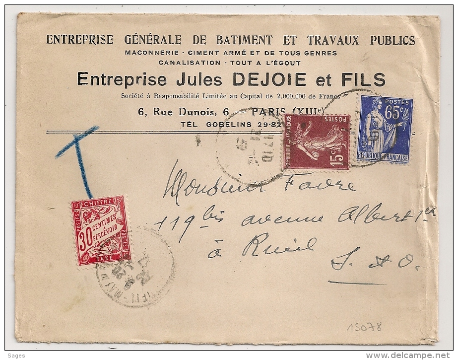 TAXE 30C, RUEIL Seine Et Oise, PARIS XIII. - 1859-1959 Storia Postale