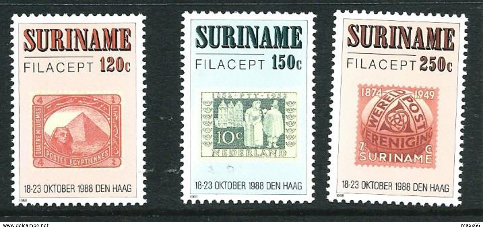 SURINAME MNH - 1988 International Stamp Exhibition "Filacept '88" - The Hague - Vari Cent - Michel SR 1274 1276 - Surinam