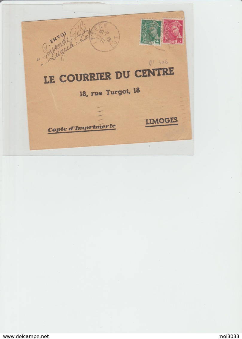 Imprimé De Uzerch Pour Limoges Affr. Avec 25+5 Mercure Au Tarif, Copie D'imprimerie,cachet D'arrivée Au Verso - 1921-1960: Période Moderne