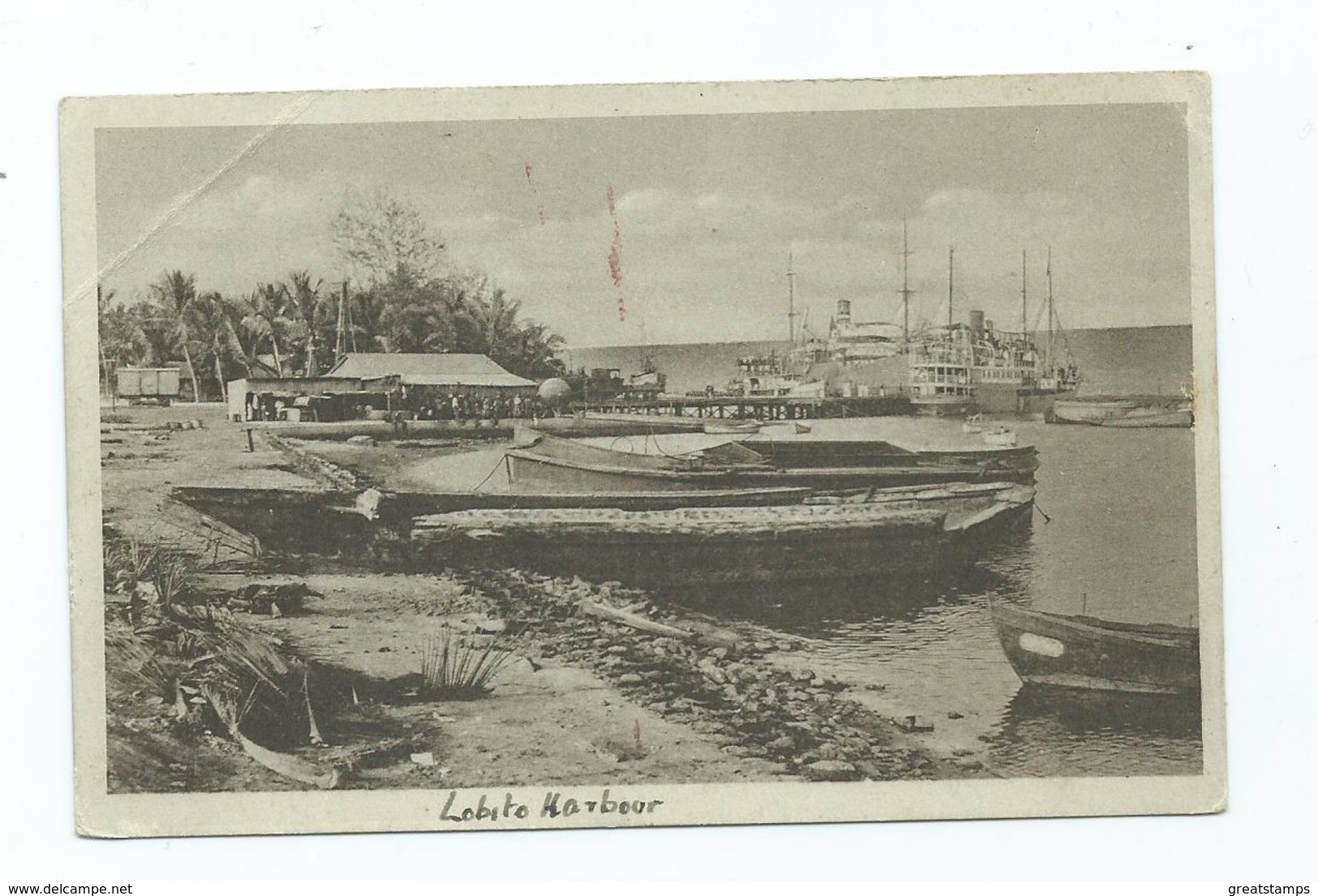 Africa Postcard Angola Corner Crease Lobito Harbour. Red Stain On Front Unused - Angola