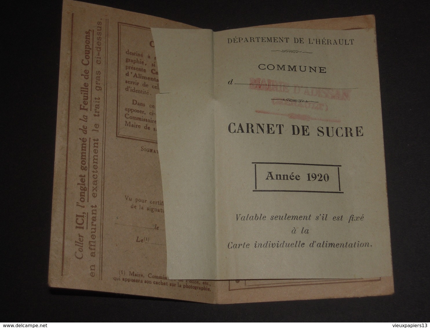 Rationnement Hérault 34 ADISSAN Carte Individuelle D'alimentation + Sucre - 1920 - Documentos Históricos