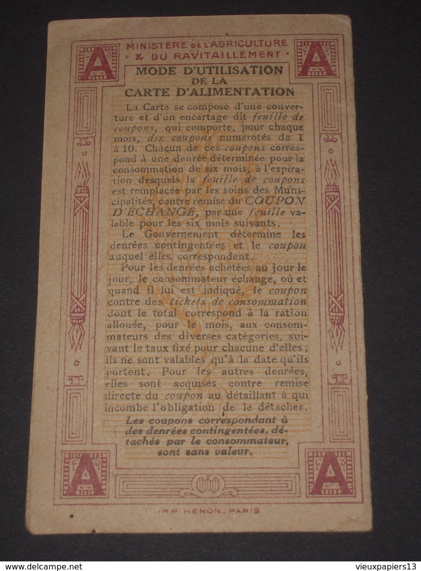 Rationnement Hérault 34 ADISSAN Carte Individuelle D'alimentation + Sucre - 1920 - Documentos Históricos