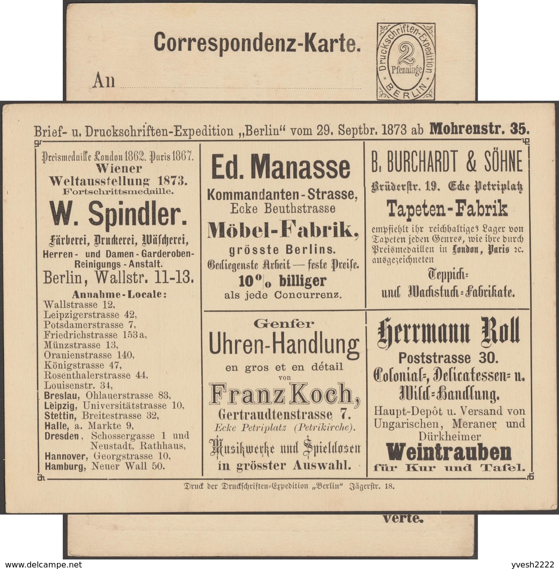 Poste Privée De Berlin 1873. Carte Avec Annonces. Expositions Universelles De Londres 1862, Paris 1867 Et Vienne 1873 - 1862 – Londres (Royaume Uni)