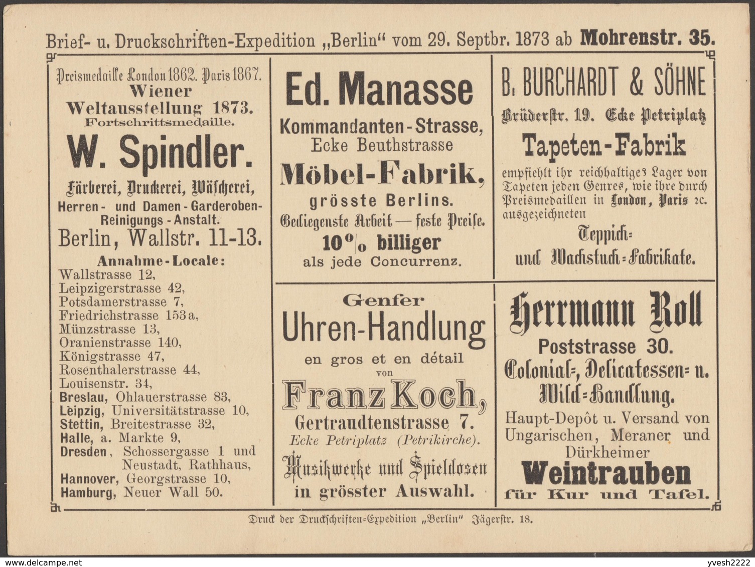 Poste Privée De Berlin 1873. Carte Avec Annonces. Expositions Universelles De Londres 1862, Paris 1867 Et Vienne 1873 - 1862 – Londres (Royaume Uni)