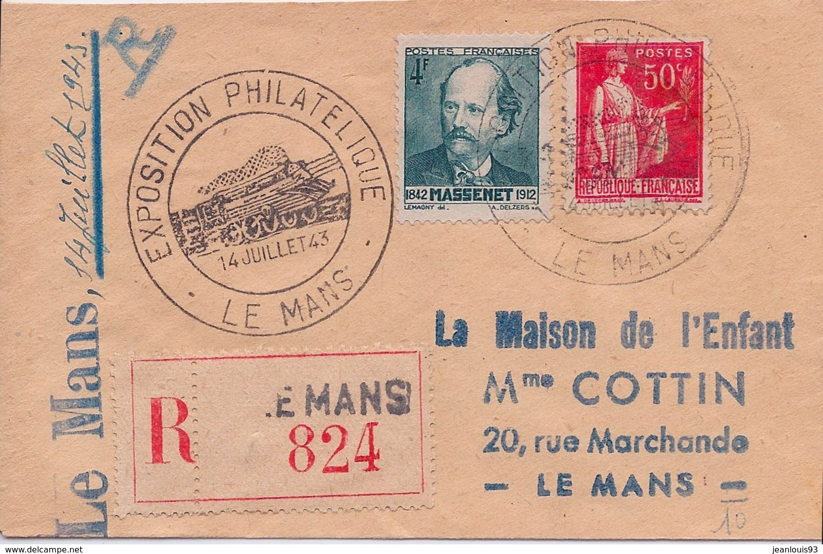 FRANCE - LETTRE PETIT FORMAT RECOMMANDEE EXPO LE MANS 1943 TRAIN PAIX MASSENET - Lettres & Documents