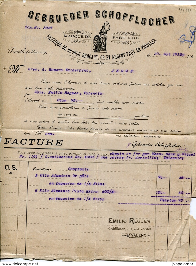 GEBRUEDER SCHOPFLOCHER-FUERTH (BAVIERE)-FABRIQUE DE BRONCE,BROCART OR ET ARGENT FAUX EN FEUILLES- JAHR 1912 - Printing & Stationeries