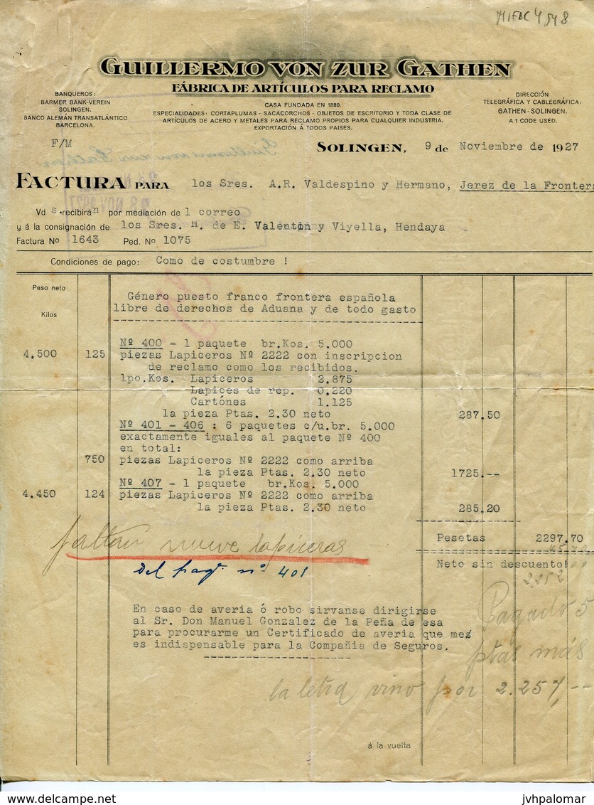 GUILLERMO VON ZUR GATHEN -SOLINGEN-FABRICA DE ARTICULOS PARA RECLAMO-JAHR 1927 - Druck & Papierwaren
