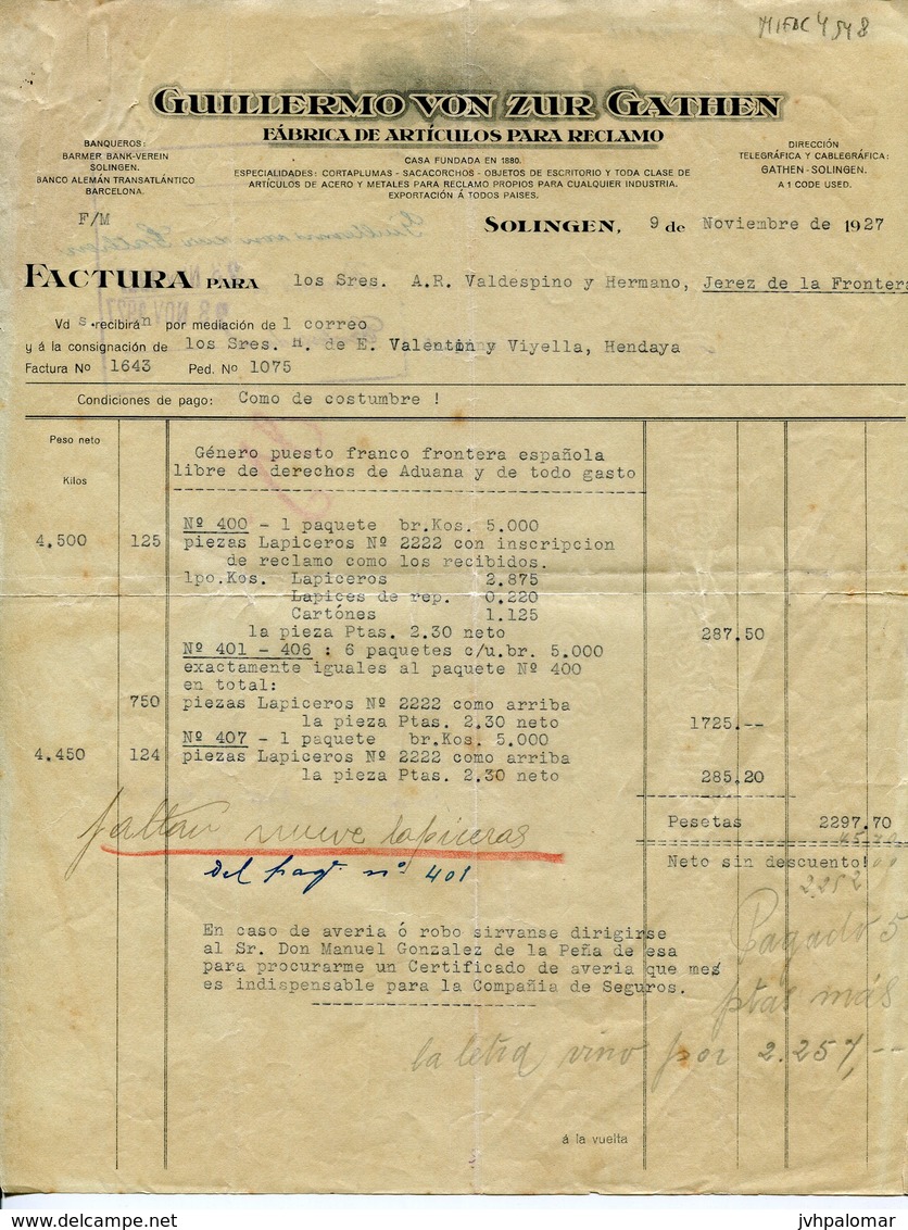 GUILLERMO VON ZUR GATHEN -SOLINGEN-FABRICA DE ARTICULOS PARA RECLAMO-JAHR 1927 - Imprimerie & Papeterie