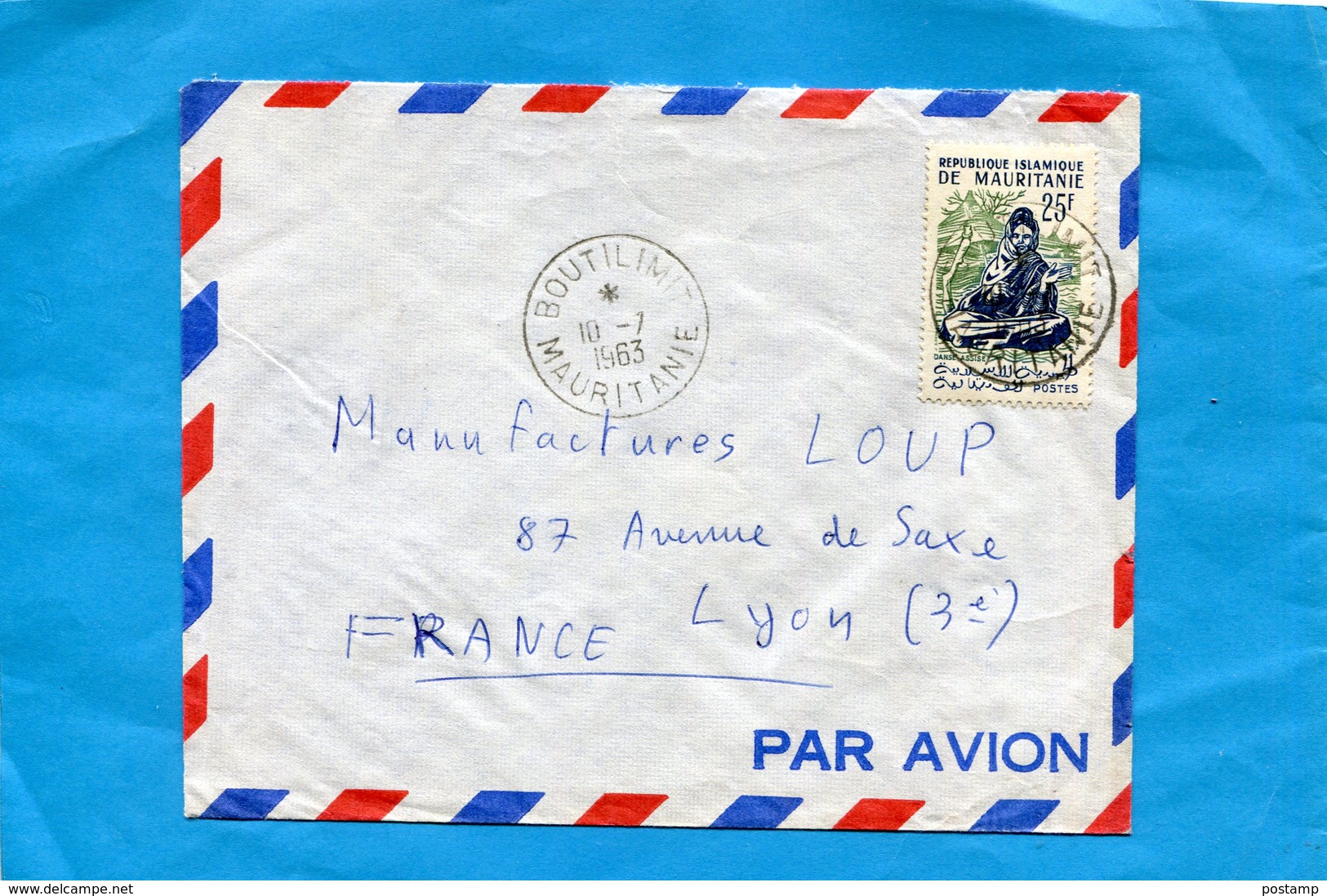 Marcophilie-Mauritanie-lettre>Françe-cad BOULIMIT-stampN°  149 Danse Assise - Mauritania (1960-...)