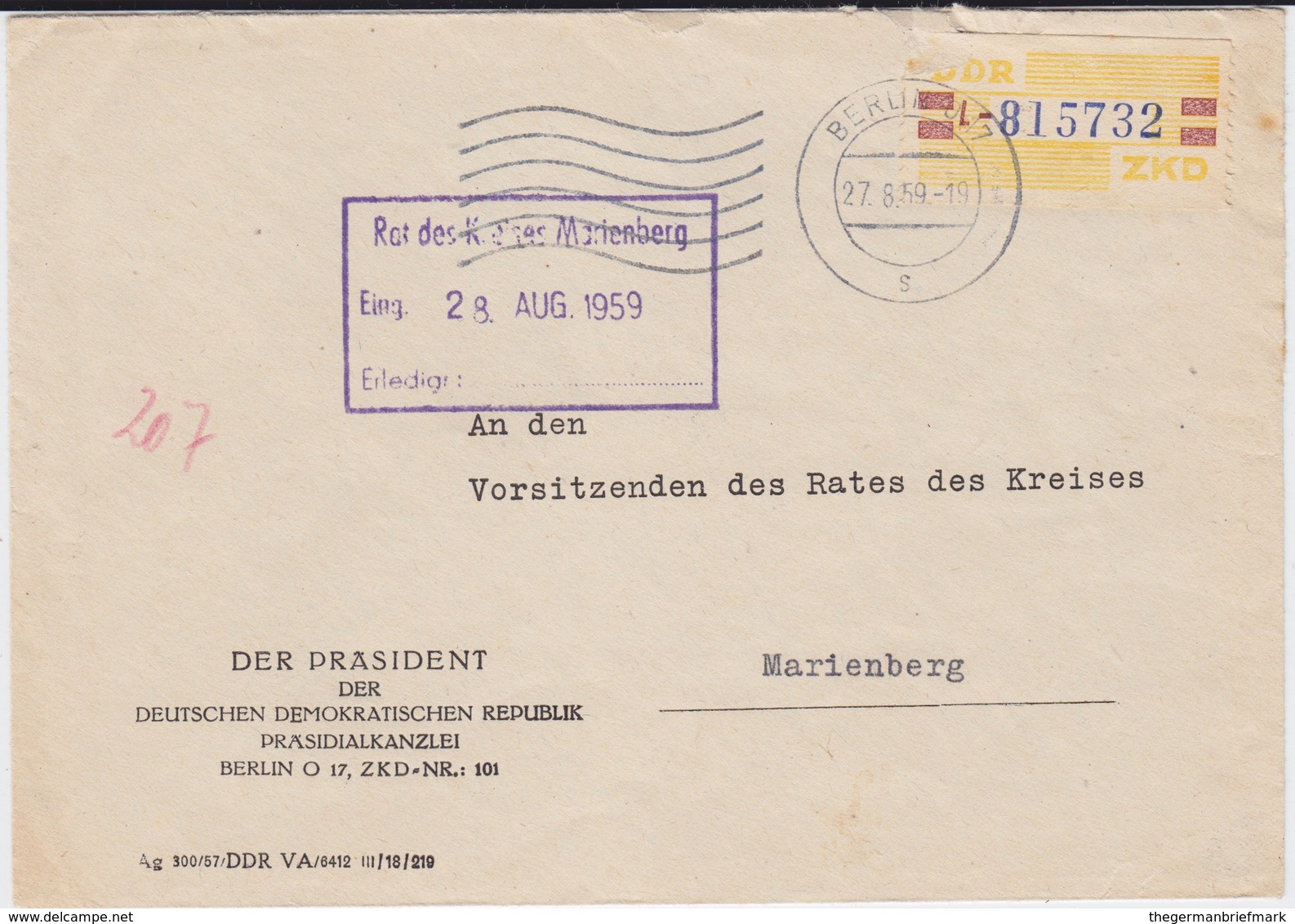 DDR Dienst B ZKD Mi 25 Bf DDR Präsident Berlin 1959 - Sonstige & Ohne Zuordnung