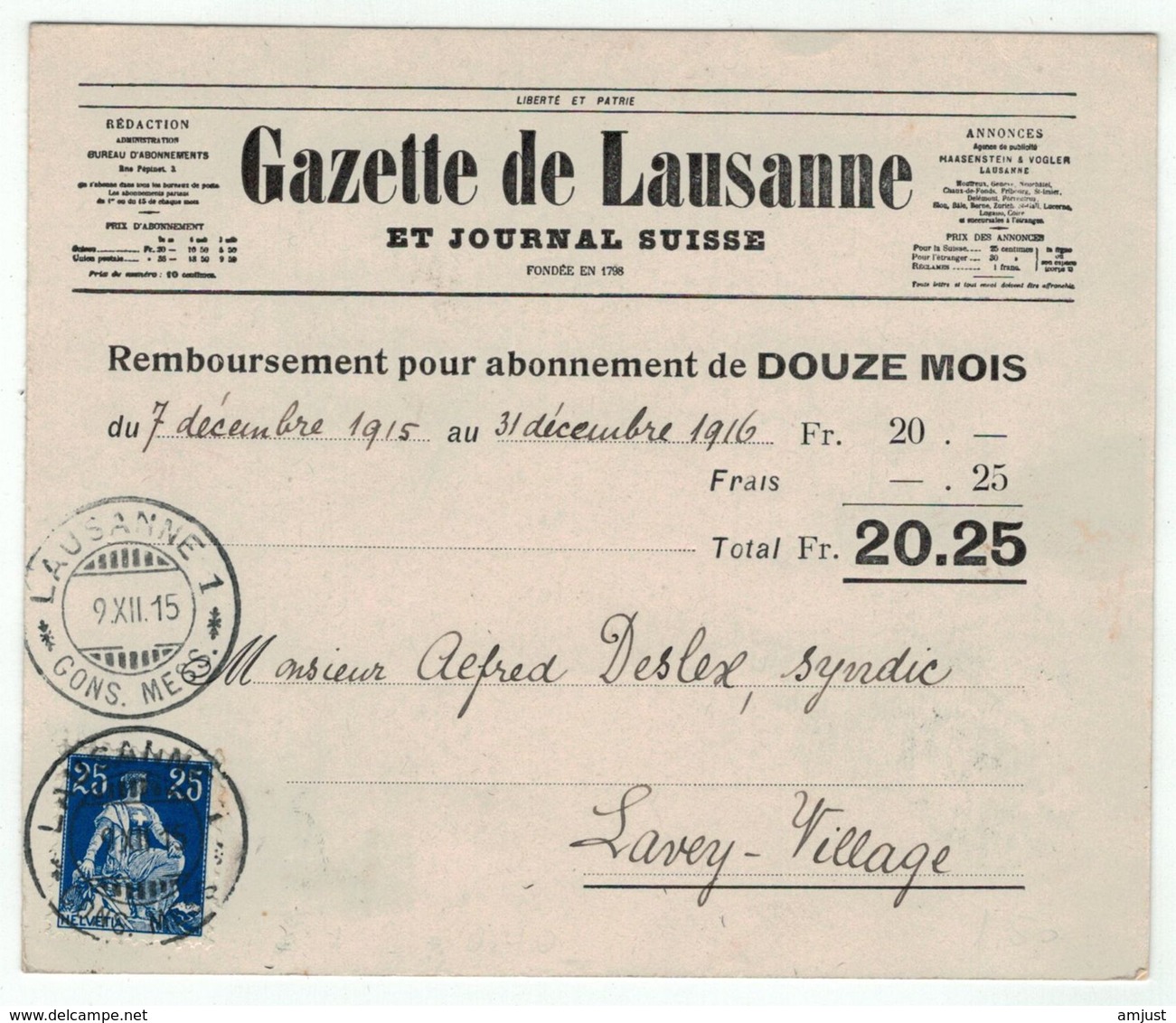 Suisse // Schweiz // Switzerland  // 1907-1939 // Carte Commerciale Au Départ De Lausanne Le 09.12.1915 - Cartas & Documentos