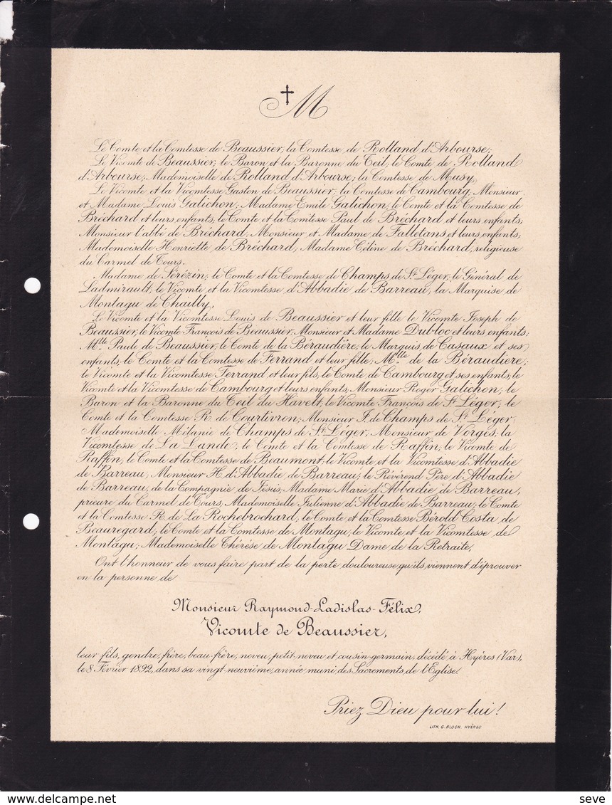 HYERES VAR Raymond Vicomte De BEAUSSIER 29 Ans 1892 Famille De ROLLAND D'ARBOURSE De BRECHARD De CAMBOURG - Décès