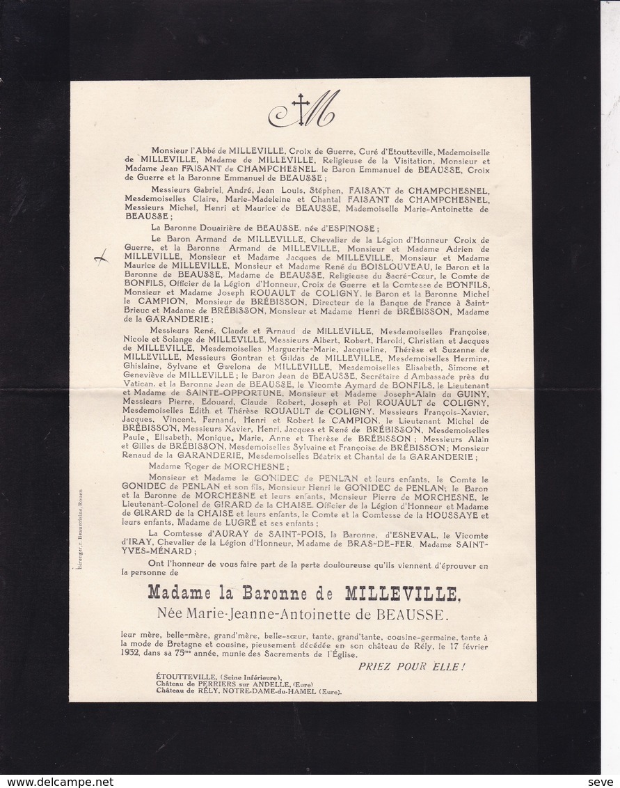 Château De RELY Notre-Dame-du-HAMEL Marie-Jeanne De BEAUSSE Baronne De MILLEVILLE 75 Ans 1932 Famille FAISANT - Décès