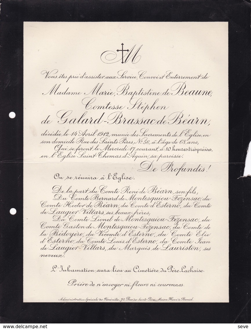 Paris Marie De BEAUNE Comtesse De GALARD-BRASSAC De BEARN 68 Ans 1912 Famille MONTESQUIOU-FEZENSAC - Décès