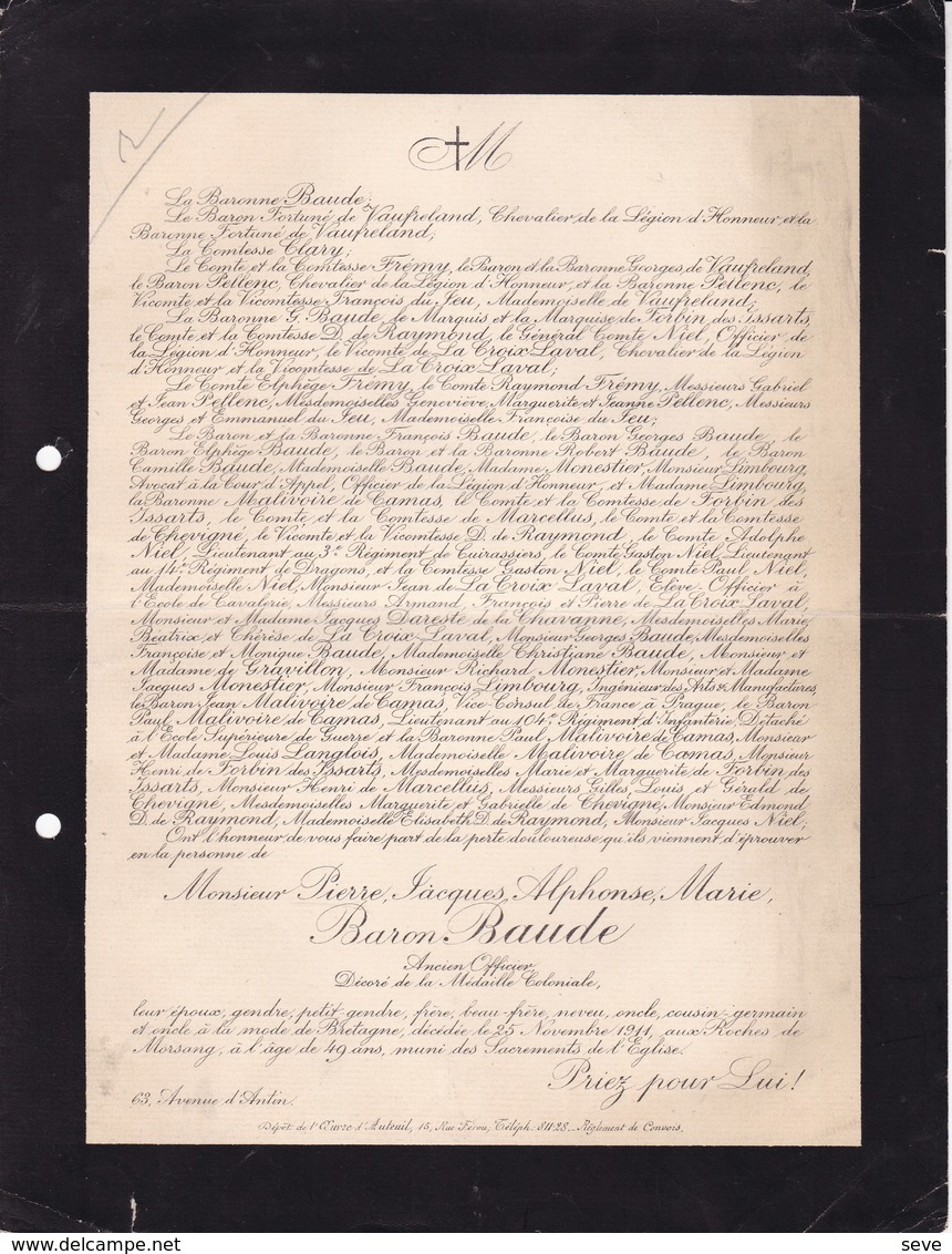 ROCHES De MORSANG Pierre Baron BAUDE Ancien Officier Médaille Coloniale 49 Ans 1911 Famille CLARY De VAUFRELAND - Décès