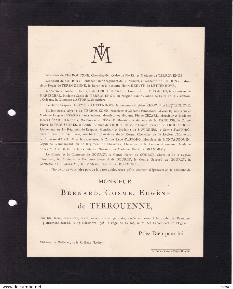 Château De MELLERAY Orléans Bernard Comte De TERROUENNE 23 Ans 1905 Famille De SURIGNY KERVYN De LETTENHOVE - Décès