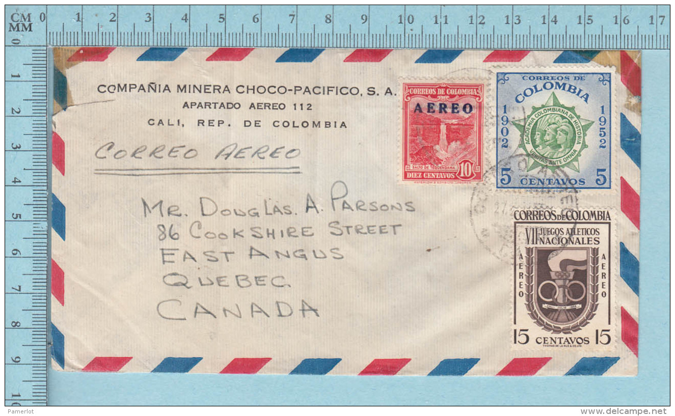 COLOMBIA 1952 , Commercial Envelope From Cali To Canada, Correo Aereo - Colombie