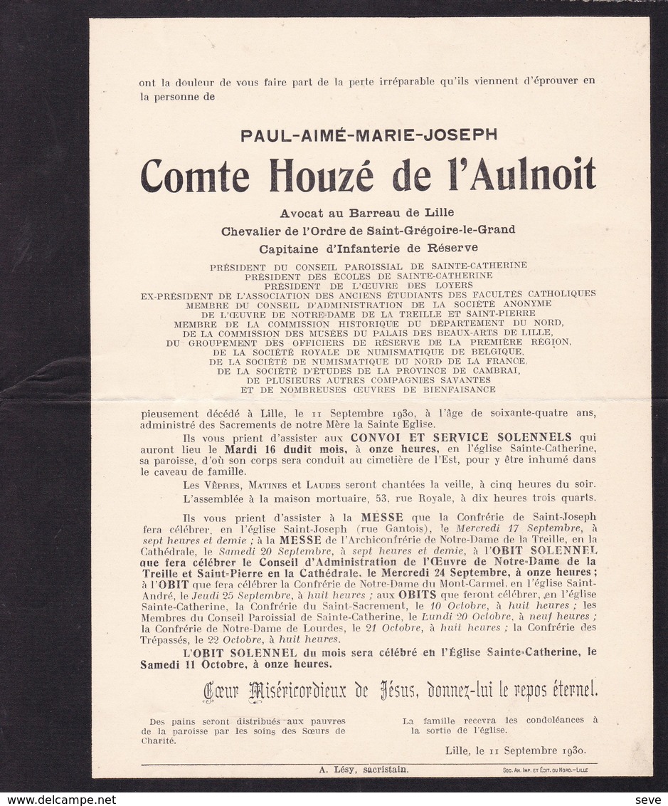 LILLE Département Du Nord Paul Comte HOUZE De L'AULNOIT Avocat 64 Ans 1930 Université Faire-part En  2 Volets Complets - Décès