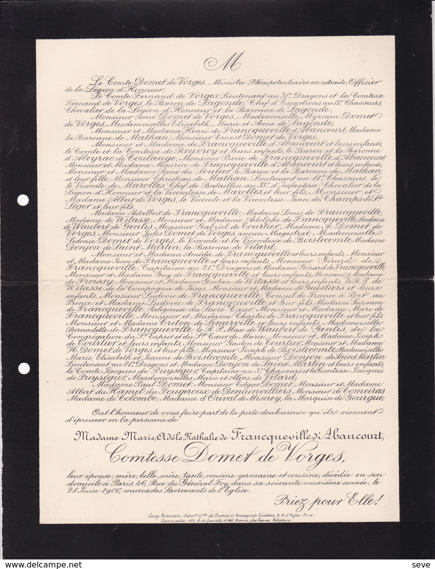 PARIS Marie Adèle De FRANCQUEVILLE D'ABANCOURT Comtesse DOMET De VORGES 69 Ans 1900 Famille De LAGONDE Noblesse - Décès