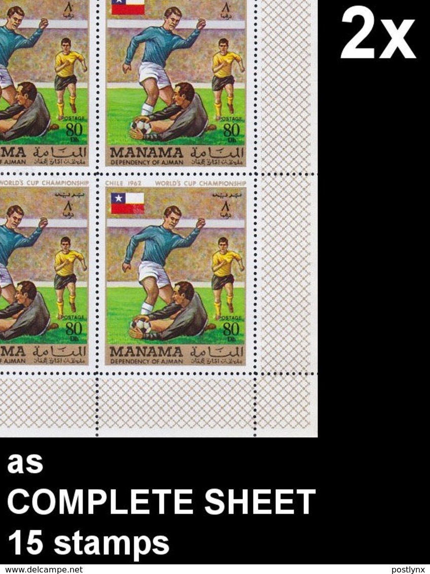 BULK: 2 X MANAMA 1970 World Cup Chile 1962 Flags 80Dh COMPLETE SHEET:15 Stamps Football Soccer [feuilles] - 1962 – Cile