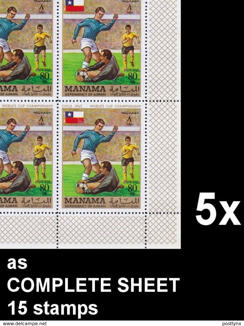 BULK:5 X MANAMA 1970 World Cup Chile 1962 Flags 80Dh COMPLETE SHEET:15 Stamps Football Soccer [feuilles] - 1962 – Chili