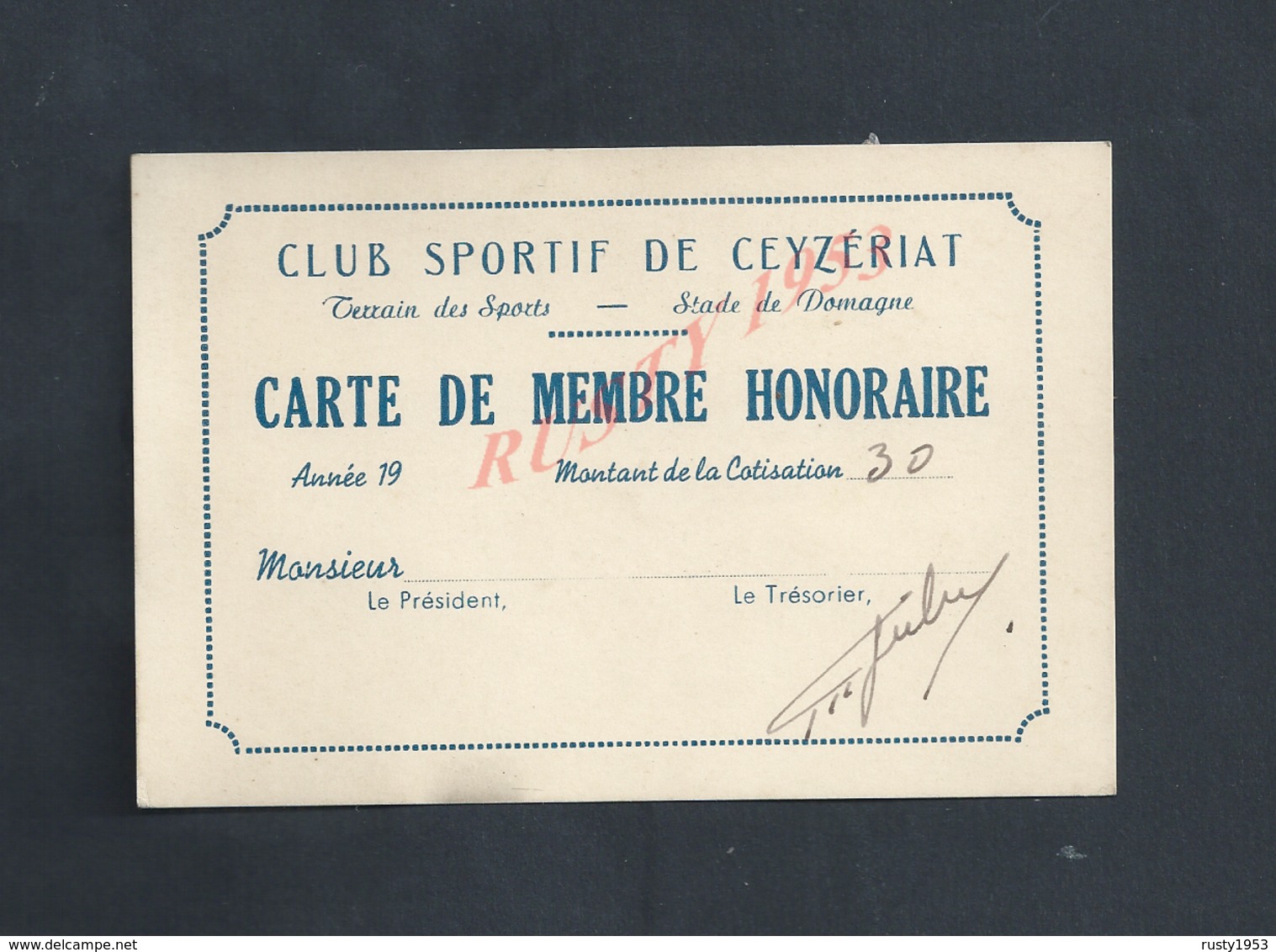 CARTE DE MEMBRE HONORAIRE CLUB SPORTIF DE CEYZÉRIAT : - Autres & Non Classés