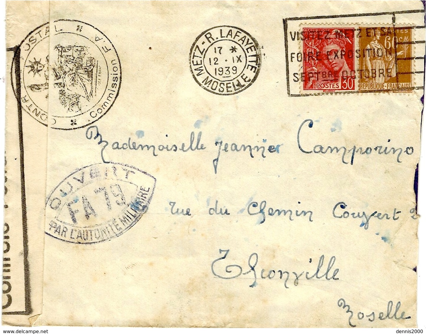 1939- Enveloppe De METZ ( Moselle ) Pour  Thionville ( Moselle )  Censure  F A 79 De Metz - Guerre De 1939-45