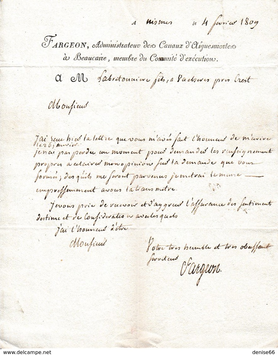 1809 - NISMES - L.A.S. FARGEON, Administrateur Des CANAUX D'AIGUES MORTES à BEAUCAIRE - Documenti Storici