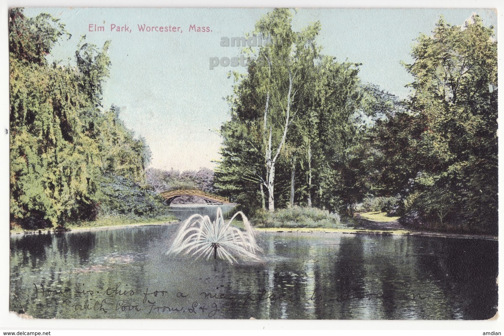 WORCESTER MA, Elm Park, Water Fountain On Lake, C1910s Vintage Old Postcard - Worcester