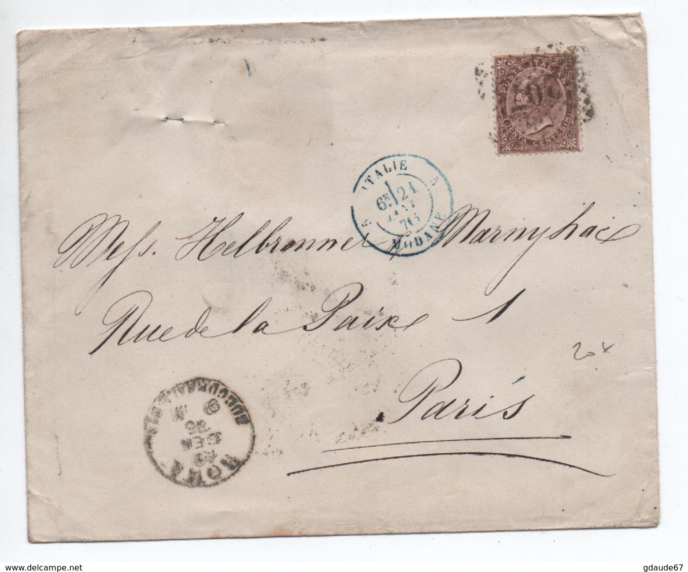 1876 - LETTRE De ROMA Pour PARIS Avec CACHET D'ENTREE BLEU "ITALIE / MODANE" Avec SASSONE N°19 - 1. ...-1850 Prefilatelia