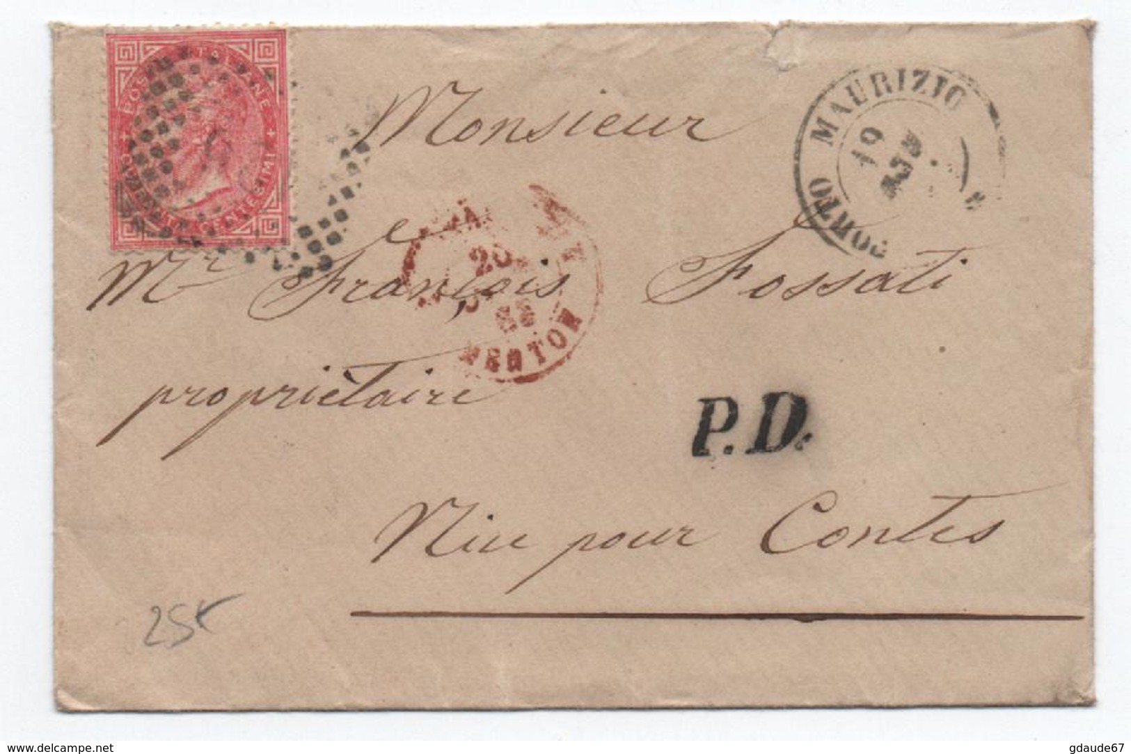 LETTRE De PORTO MAURIZIO Pour NICE Pour CONTES (ALPES MARITIMES) Avec SASSONE N°20 - CACHET D'ENTREE ITALIE / MENTON - Poststempel