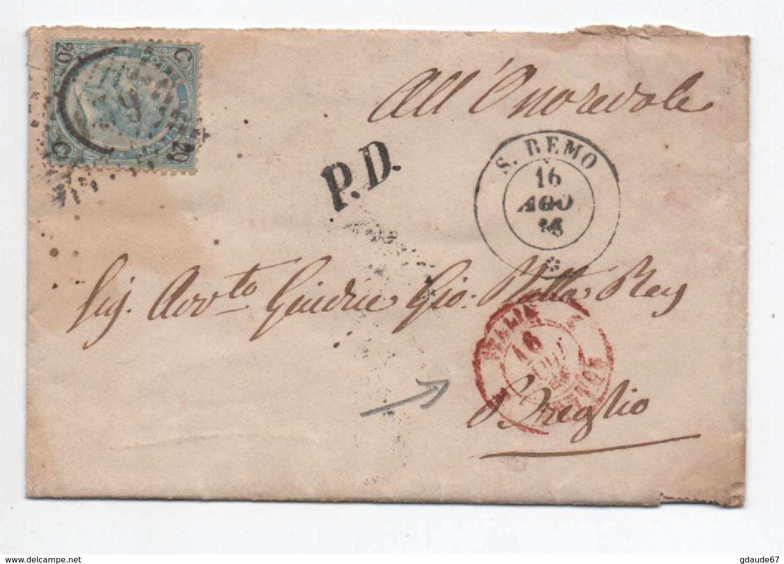 1866 - ENVELOPPE De SAN REMO Pour BREGLIO / BREIL SUR ROYA (ALPES MARITIME) Avec CACHET D'ENTREE ITALIE / MENTON - Storia Postale