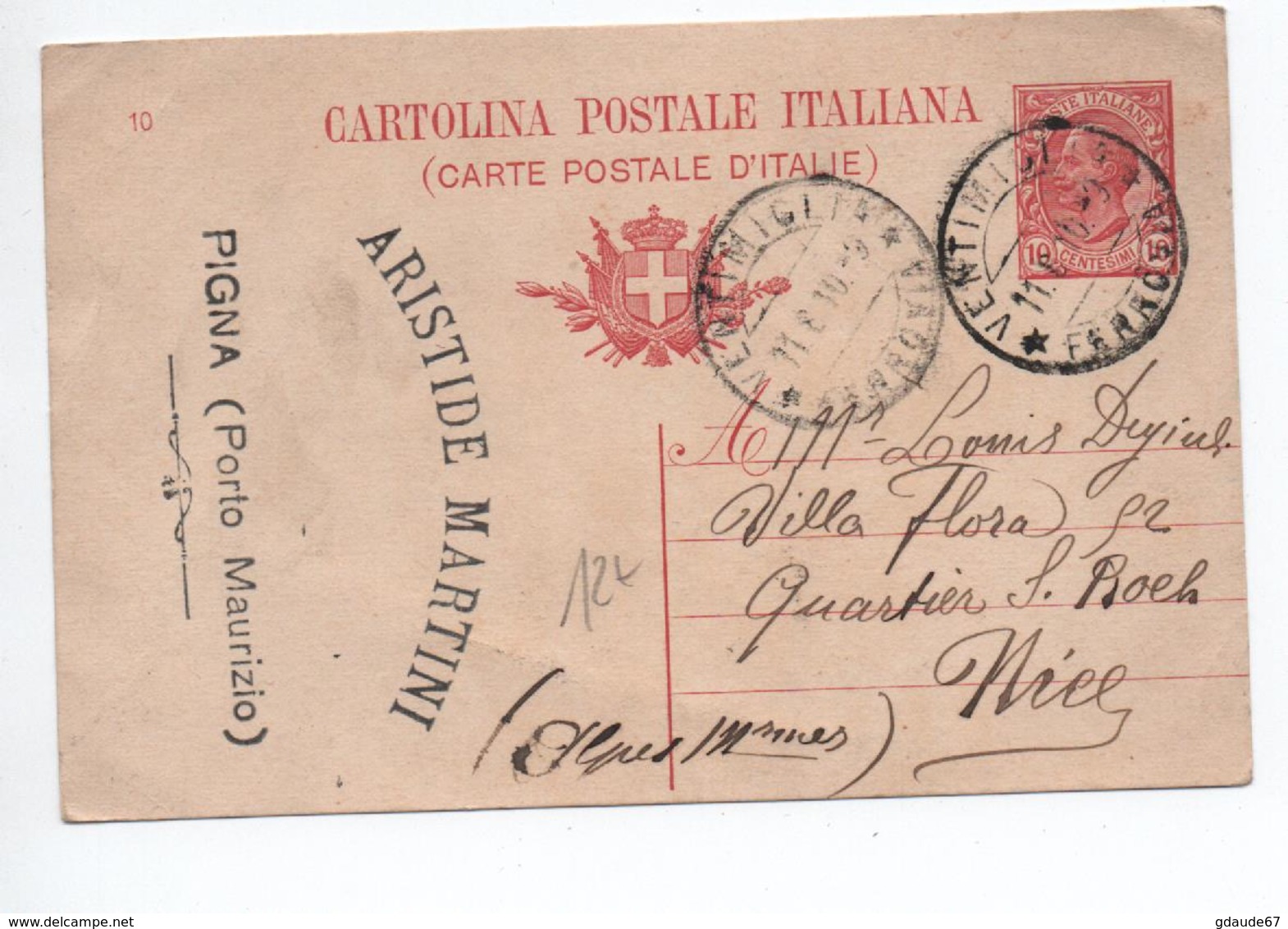 1910 - ENTIER POSTAL De PORTO MAURIZIO Avec TàD VENTIMIGLIA Pour NICE - Postwaardestukken