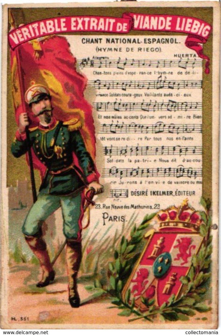 0090 LIEBIG's 90 -  8 Chromos 11c5X8cm Hymnes Nationaux, Flag Standard, Music Notes,  VERY RARE Complete Set Anno 1875 - Liebig