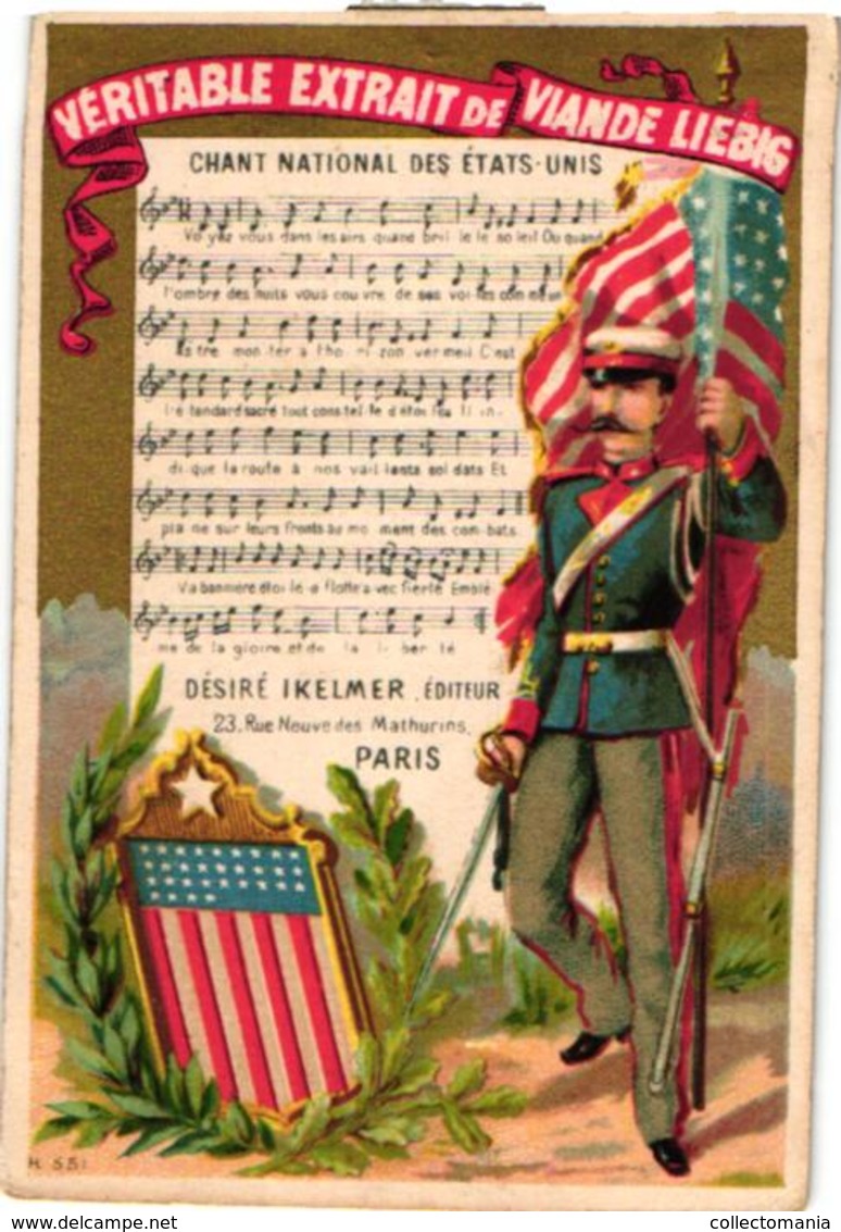 0090 LIEBIG's 90 -  8 Chromos 11c5X8cm Hymnes Nationaux, Flag Standard, Music Notes,  VERY RARE Complete Set Anno 1875 - Liebig