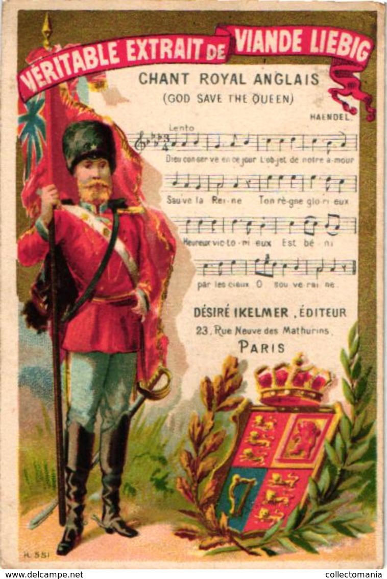 0090 LIEBIG's 90 -  8 Chromos 11c5X8cm Hymnes Nationaux, Flag Standard, Music Notes,  VERY RARE Complete Set Anno 1875 - Liebig