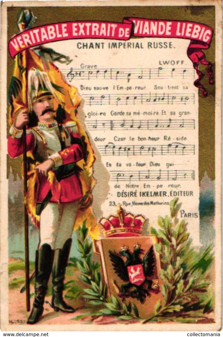 0090 LIEBIG's 90 -  8 Chromos 11c5X8cm Hymnes Nationaux, Flag Standard, Music Notes,  VERY RARE Complete Set Anno 1875 - Liebig